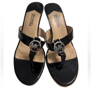 MICHAEL KORS Palm Beach Wedge Black Patent Leather Cork Wedge Sandals Sz 9 M